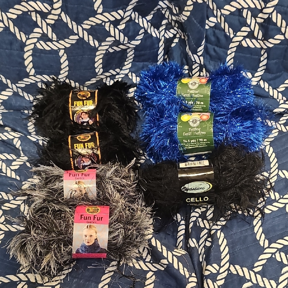 Fun Fur Yarn Bundle in Black, Gray, and Blue
